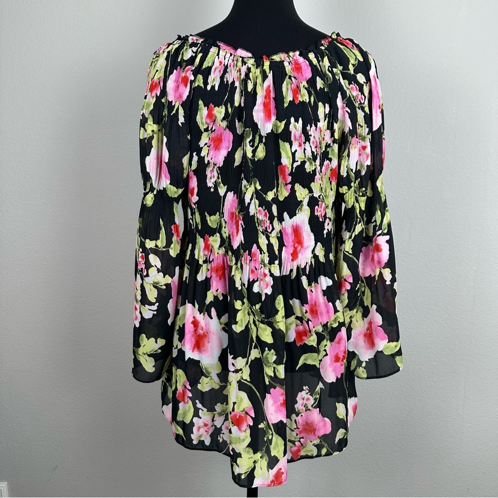 Floral & Ivy Floral Top Sz Large Sheer Pleated Stretch Flare Sleeve Peasant Boho - Picture 8 of 14